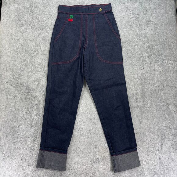 Vtg Stop Staring High Rise Jeans Womens Small Blue Denim Red Cherry Rockabilly